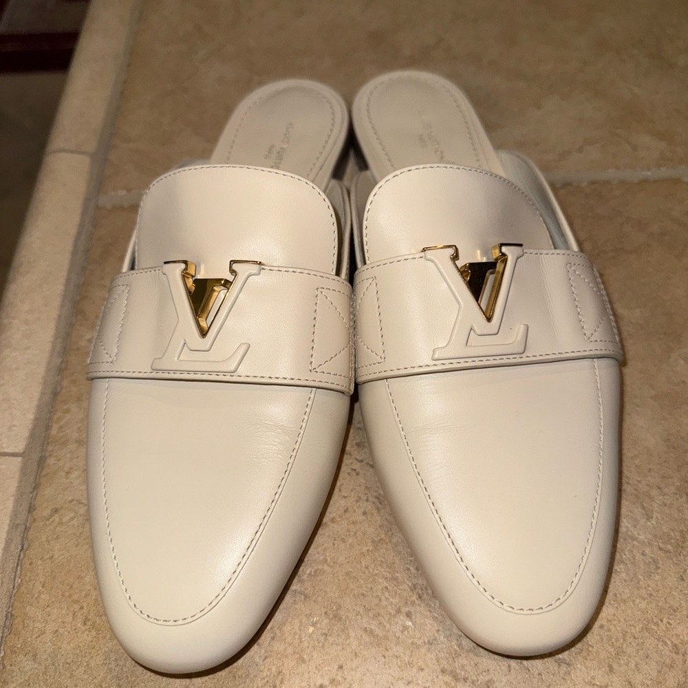 Louis Vuitton Cream Loafers with Gold Accent